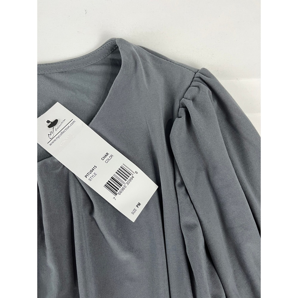 NY Collection Women's Gray Ruched Sleeve V-Neck Sheath‎ Dress PM